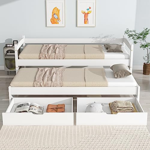 Dolamaní Cama de 90 x 200 cm/90 x 190 cm individual y doble, cama deslizante con ruedas inferiores, con 2 cajones de MDF, marco de madera maciza, color blanco