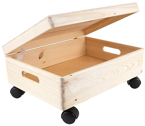 Creative Deco XL Große Holzkiste mit Deckel und Rollen | 40x30x14 cm (+/-1cm) | Weihnachten Erinnerungsbox Baby Holzbox mit Deckel Unlackiert mit Griffen | Leicht zu transportieren | ROH UNGESCHLIFFEN