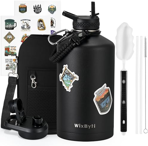 WixByti One Gallon Water Bottle Insulated, Triple Wall Vacuum Cold for 48 Hrs & Leak-proof & Non-BPA, 128oz Large Sports Stainless Steel Water Jug with Paracord Handle Straw Spout Lids & DIY Stickers