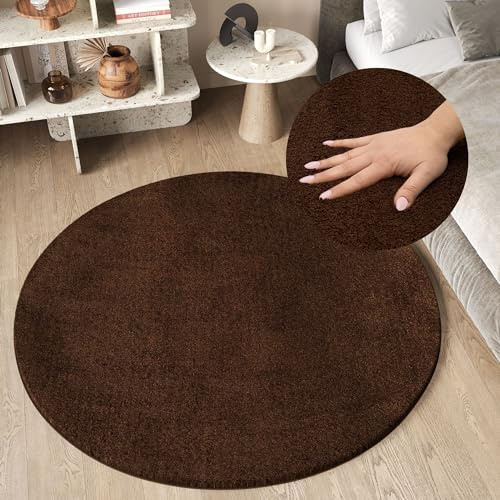 TAPISO Cuddle Teppich Rund Shaggy rutschfest Hochflor Braun Langflor Einfarbig Weich Waschbar Wohnzimmer Schlafzimmer Kinderzimmer ÖKOTEX 160 x 160 cm