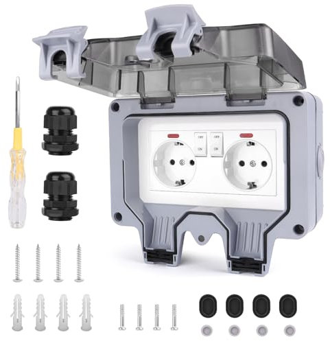 NVIYAM Prise Exterieure Etanche avec Interrupteur Témoin Lumineux, Prise Murale Double,rise de Courant Externe pour Jardin, Garage, Piscine Cuisine, Salle de Bain