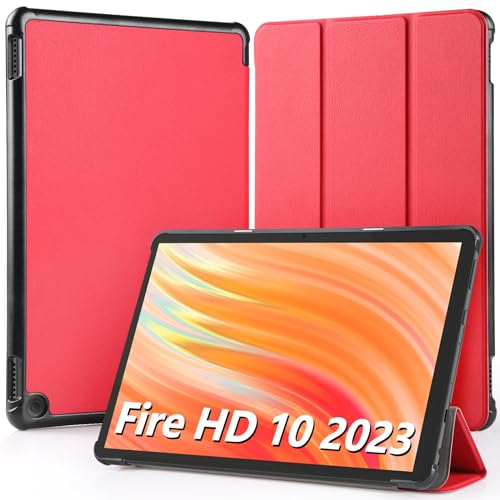 Hianjoo Hülle Kompatibel für Fire HD 10 Tablet 2023 10,1 Zoll, Ultra Dünn Leder Schutzhülle mit Standfunktion Kompatibel für Fire HD 10 13. Generation 10.1, Rot