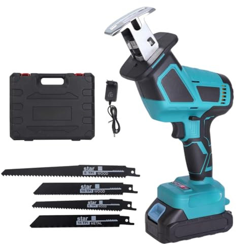 Sega a Gattuccio a Batteria 210W con 2 Batterie da 48V, Motore Brushless a 2 Velocità - Velocità Variabile 0-3000 SPM, Include 2 Batterie da 2Ah, Caricabatterie e 4 Lame per Taglio