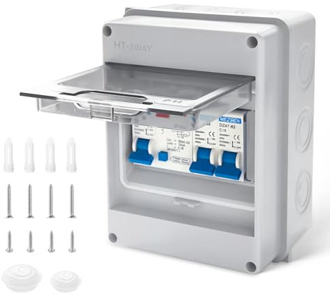 2 Way Consumer Unit Circuit Breaker, IP65 Weatherproof Garage Consumer Unit Anti-Leakage Fuse Box for Garage Workshop Caravan Outbuilding, 40A 30mA RCD 6A+16A (2 Way)