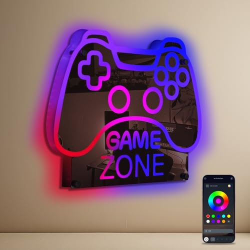 ineonlife Game Neon skylt Game Zone Neon skylt spegel kontroll för spelare | Gameconkontroll lysande skylt dimbar USB spel LED-tryck, neonskylt gåva för ungdomar, gamingrum, herrrum
