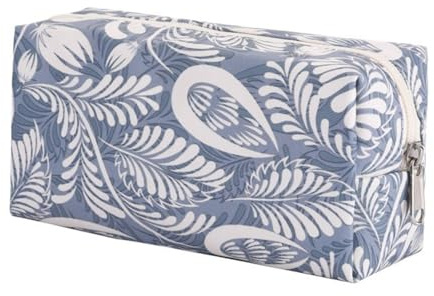 WENJION Make Up Tasche Groß Schminktasche Damen Kosmetiktasche Wasserdicht Kulturbeutel Reise Waschbeutel Aufbewahrung Tasche mit Reißverschluss Blaues Blatt Design