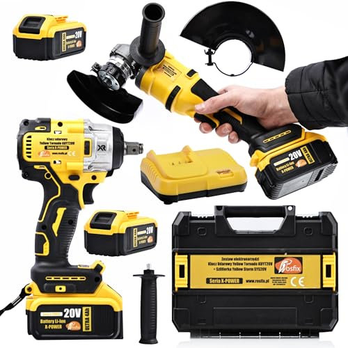 Rosfix Set Clé à Chocs KUYT20V + Meuleuse SYS20V – 21V, 2x Batteries Li-Ion 4Ah, 350Nm, 8400 tr/min | Série X-POWER | Pour Garage, Chantier | Outils Électroportatifs