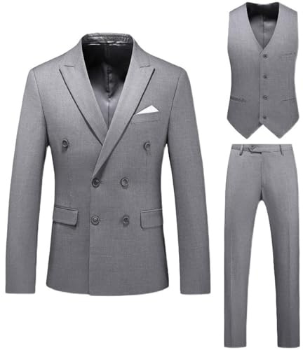 Abito da uomo, 3 pezzi, elegante, a doppio petto, abito casual da uomo, giacca, panciotto e pantaloni, adatto per matrimonio, uso quotidiano, grigio, XXL