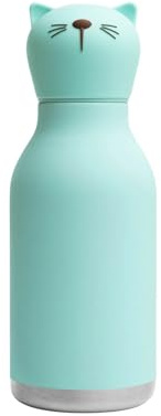 asobu Bestie Botella de agua aislada de acero inoxidable con cabeza de animal suave extraíble, para niños y adolescentes, con pajita flexible reutilizable (gato)