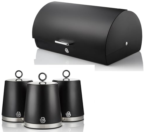 Swan Serenity Black Bread Bin and Tea, Coffee, Sugar Canisters Set. Beautiful Design Kitchen Storage with a Sleek Black Finish and Polished Stainless Steel Accents