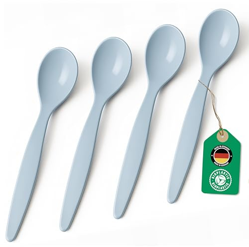 Bio Löffel 4er Set – 14 cm Mehrweglöffel Eierlöffel BPA-frei, spülmaschinengeeignet & recycelbar – aus Zuckerrohr, leicht & schadstofffrei – ideal für Kinder, Picknick & Alltag – Made in DE - Hellblau