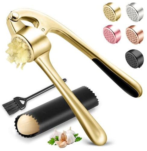 Kitchen Garlic Press, Rust Proof & Dishwasher Safe Garlic Mincer, Durable Garlic Crusher Set with Peeler&Brush, Easy to Clean and Squeeze, Gold
