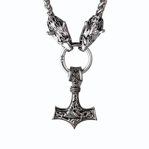 HALUKAKAH Collana Martello di Thor Vichingo per Uomo – Tono Argento Antico 60cm con Teste di Lupo 3D – Acciaio Al Titanio Ipoallergenico – Gioiello di Mitologia Norrena – Regalo per Uomo