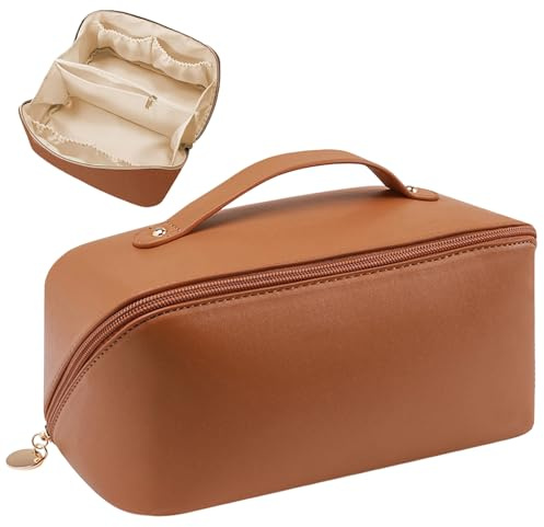 Large Capacity Makeup Bag, PU Leather Open Flat Make Up Bag with Diagonal Zip and Handle for Women Waterproof Layflat Cosmetic Bag for Girls Travel Organiser - Brown (23.5x10.5x11cm)