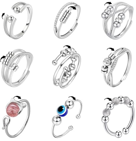 9 PCS Anillo Antiestres Mujer Anillos Antiestres Mujer Anxiety Ring Fidget Ring Apertura Ajustable Para Apilamiento En Capas Giratorio Aliviar El Estrés Adecuado Para Mujeres Y Adolescentes (Plata）