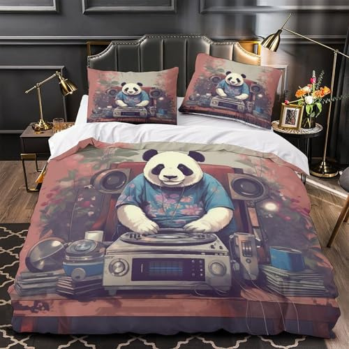 MMDASBVPE Configurazione Panda DJ Set Di Copripiumino Set di 3 Pezzi morbida motivo 3D con federe per cuscini Musica di animali dei cartoni animati copripiumino for coppie e adulti Single（140x200cm）