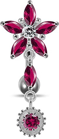 Red Crystal Stone Trendy Flower Design Sterling Silver Belly Bars Piercing