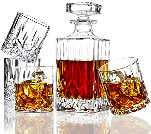 Elidomc 5pc Ceppo Carafe à whisky et ensemble de verres à whisky, cristal à décanter avec ensemble de 4 verres double Old Fashioned, 100% sans plomb Verre à whisky