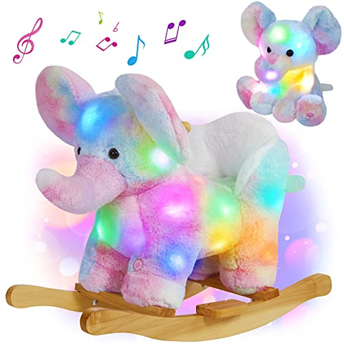 Glow Guards Light up Musical Elephant Baby Rocking Horse, Rainbow Elephant Rocker Set of 2 with Stuffed Animal, Stuffed Plush Ride-on Rocking Animal for Toddlers Baby Girl Ages 1-3