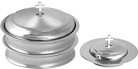 Communion Ware - 2 bandejas para servir vino sagrado con tapa y 1 plato de pan apilable con tapa, acero inoxidable (espejo/plateado)
