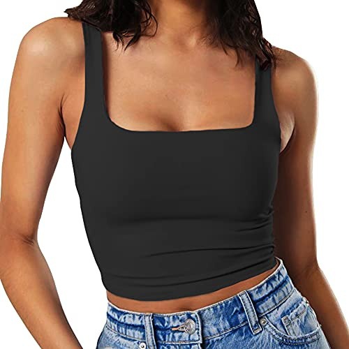Artfish Women's Sleeveless Strappy Crop Tank Tops Workout Fitness Basic Cropped Camis Black, M