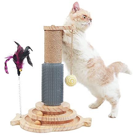 Marchul 5 in 1 Katzenspielzeug, Katze Sisal Seil Massierender Kratzbaum mit hängenden Ball, Interaktives Fährtenspielzeug für Katzen mit federnden Federn, zum Spielen im Haus