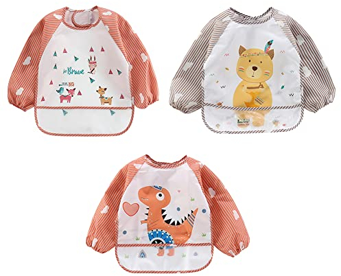 3 Stück Kinder Malkittel, 1-3 Jahre Kinder Bastelkittel Wasserdichter Kunstkittel Malschürze Bastelschürze mit Langen Ärmeln & Taschen für Kochen, Basteln, Ton Laboraktivität für Jungen Mädchen