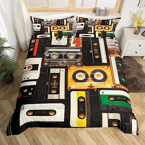 Homewish Cassette Tape Bed Set 80S Party Duvet Cover, Plastic Tapes Bedding Set Super King Classical Music Theme Comforter Cover, Old Fashion Bed Cover Vintage 70S Party Decorations 3Pcs