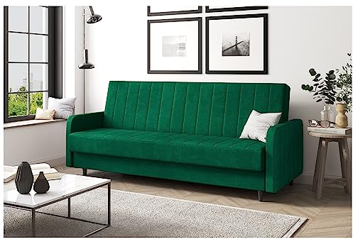 MEBLINI Sofa mit Schlaffunktion - Schlafcouch Ausziehbar - Schlafsofa mit Bettkasten - Sofabett - Couch mit Schlaffunktion - Klappsofa - Andres 3-220x87x93cm - Grün Samt