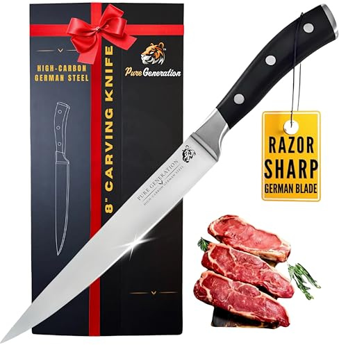 Pure Generation 8 Carving Knife for Meat – Butcher Knife, Razor Sharp German Steel Slicing Knife with Ergonomic Handle for Turkey, Ham, Fruits, and Meat Cutting