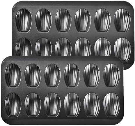 Madeleine Pans for Baking (2-Pack) 12 cup Madlen Mold Makes Shell Shape Cake Cookies Nonstick Carbon Steel Madeline Tray for Oven Black