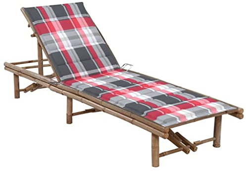 PABURNI Sonnenliege für den Außenbereich, mit Kissen, Strandstühle, leicht, für Strand, Garten, Camping, Pool, Rückenlehne, ergonomisches Design, rote Karos, 200 x 65 x (30-87 cm)