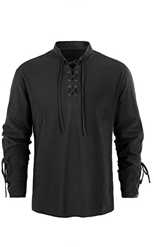 Runcati Chemise médiévale pour homme - Costume de pirate steampunk - Chemise à lacets - Renaissance victorienne - Col montant - Cosplay