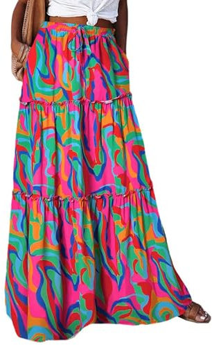 Timuspo Maxirock Damen Elegant Boho Lange Röcke Hohe Taille A Linien Rock Casual Stufenrock Lang Sommer Atmungsaktiv Plisseerock mit Tasche Farbenfroh XL