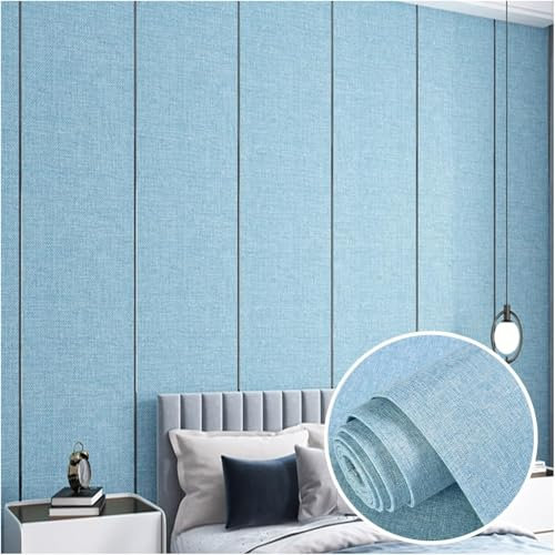 Papel Pintado Despegar Y Pegar, Papel De Contacto De Lino Autoadhesivo Y Extraíble, Tela De Fondo Tapizada De 6 Mm para Decoración De Sala De Estar De Dormitorio,Azul,0.65x2.8m-5 Roll