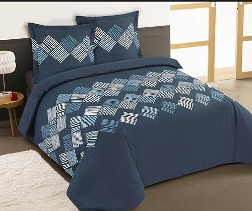 Vision - Parure de lit Nora - 100% Coton - Bleu - Set de Housse de Couette 260x240 cm avec 2 taies d'oreiller pour lit Kingsize 2 Personnes - Fibres Naturelles - Oekotex