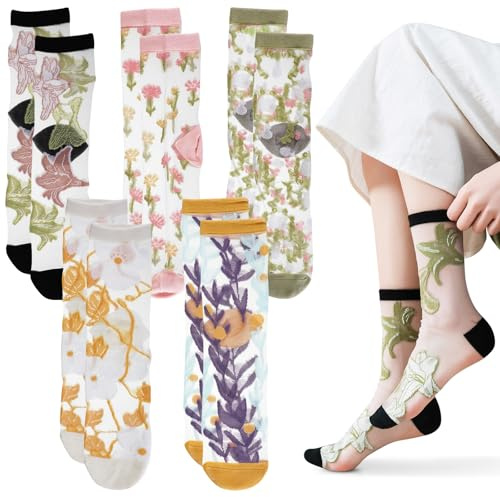 5 pares de calcetines transparentes para mujer – Calcetines de malla para pantalones de encaje, calcetines de cristal ultrafinos de verano, calcetines de tobillo transparentes, calcetines de red hasta