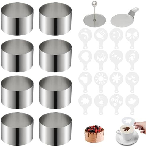 ZYNERY 8 Stück Dessertringe und Speiseringe, Ø 8cm Runde Speiseringe Kuchenring Tortenring Set mit Heber, Lebensmittel Ringe, Edelstahl Backring für DIY Kuchen, Mousse, Gebäck