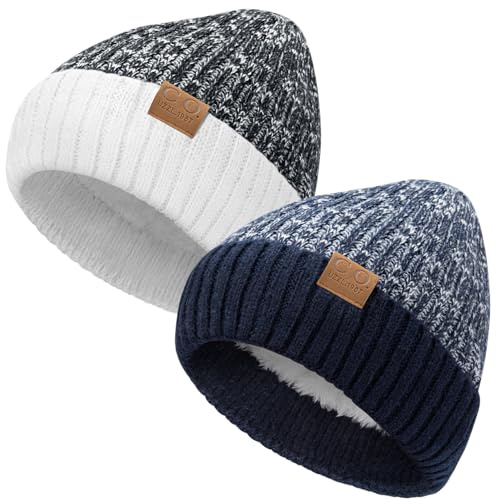 Beaulov 2 Pack Bonnet Chaud pour Hommes Femmes l'hiver Unisexe Polaire Chaud Doublure Tricot Thermique Bonnet de Pêcheur