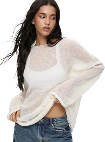 Nutria Jersey de ganchillo para mujer, cuello redondo, manga larga, jersey de punto de gran tamaño, con aguja de ganchillo, cubierta de malla hueca, parte superior Lechit informal, ropa de calle