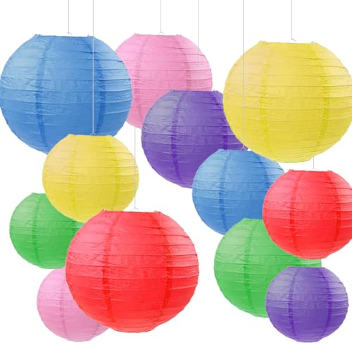 Lanterne di Carta Multicolore (Confezione da 12), Decorazioni Festose per Feste, Compleanni, Carnevale e Celebrazioni – Misure 15, 20, 25, 30 cm