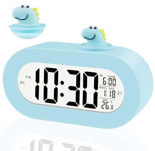 Ayybboo Väckarklocka barn pojkar flickor, LCD dinosaurie digital klocka med automatisk nattbelysning, snooze, temperatur, barnväckarklocka för skolnybörjare, skolgåva (blå)