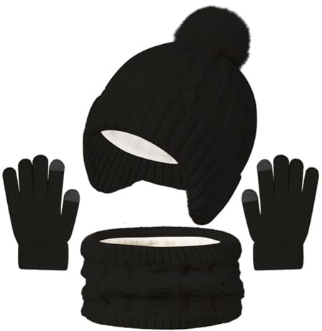 Bekecidi Juego de gorro, bufanda y guantes de invierno para niños, gorro de punto térmico, guantes de pantalla táctil, bufanda gruesa y esponjosa, gorro cálido, gorro con pompón, calentador de cuello