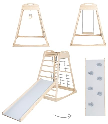 roba Torre da Arrampicata Montessori da Interno con Tavola 2in1 Scivolo e Arrampicata, Rete e Pioli, Altalena e Anelli – Da 24 Mesi – Portata fino a 70 kg – Legno Naturale