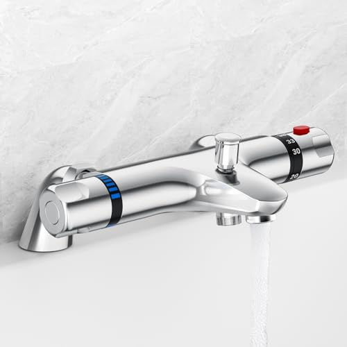 CURUK Thermostatic Bath Shower Mixer Tap - Anti-Scalding Valve, Safe 38°C Limit, Solid Brass Deck Mounted Shower Mixer Bar G 3/4 Inlets & G 1/2 Outlet - Chrome