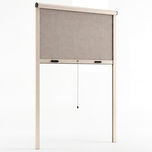 MAKA Zanzariera a Rullo Riducibile per Finestra, Zanzariera Avvolgibile con Chiusura Rallentata, Struttura in Alluminio Tagliabile su Misura, Rete con Cassonetto 39x47 mm (Avorio, 100x170 cm)