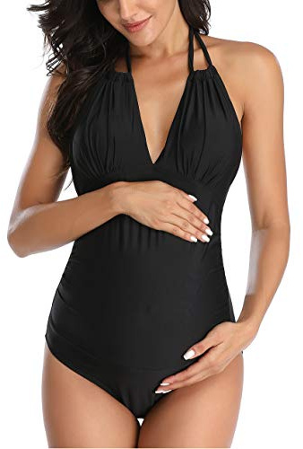 EastElegant Maillots de Bain de Maternité Une Pièce Col en V de Grossesse Maillots de Bain Halter de Maternité Bikini(Noir,XX-Large)