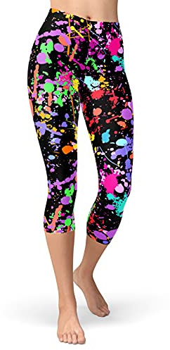 sissycos Women's Artistic Splash Printed Cropped Capri Leggings Buttery Soft Tights (Large-XX-Large, Color Splash Black)