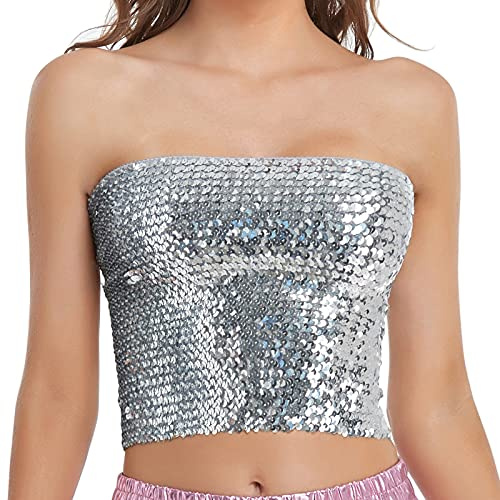 Womens Sparkly Sequin Mermaid Crop Tops, Strapless Metallic Tube Tops for Party Clubwear(Silver)