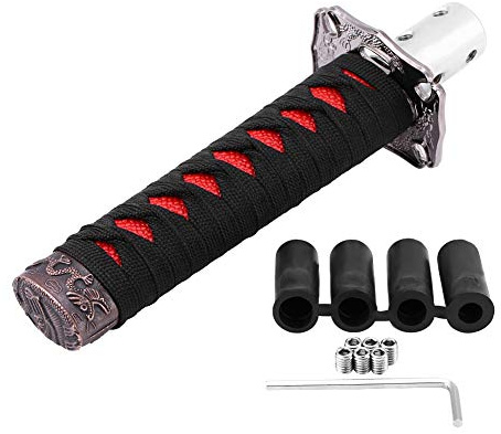 Perilla de cambio de marchas, palanca de cambios de palanca de cambios de coche de espada japonesa universal con 4 adaptadores negro + rojo